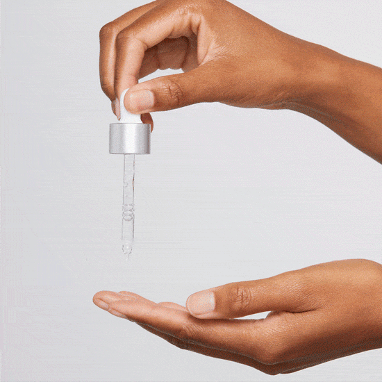 hand dispensing age bright clearing serum, woman applying age bright clearing serum, swatch