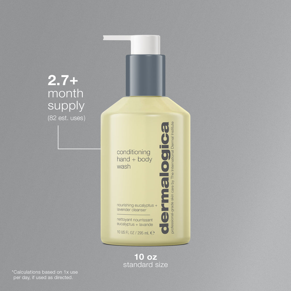 Dermalogica conditioning hand and body wash bottle on a gray background. 2.7+ month supply, estimated 82 uses. 