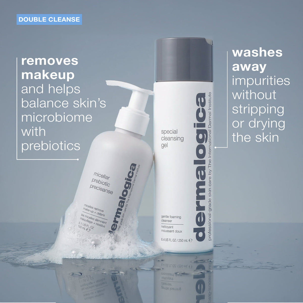 Two Dermalogica skincare products on a reflective surface with a gray background about double cleansing. 