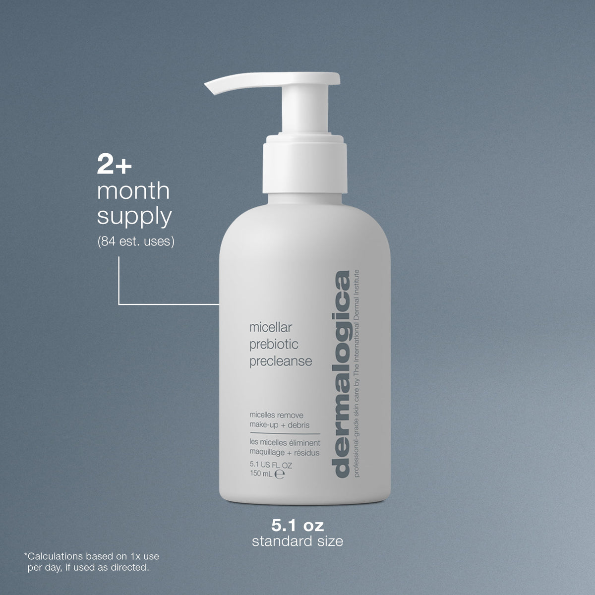 Dermalogica micellar prebiotic precleanse bottle with label on a gray background with a 2+month supply, estimated 84 uses. 