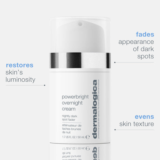 Dermalogica powerbright overnight cream bottle with text highlighting product benefits on a white background